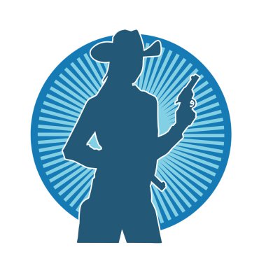 Kovboy kostümü giymiş bir kadın modelin silueti. Silah taşıyan bir kovboy kız silueti..