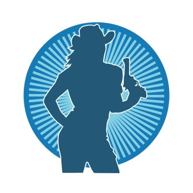 Kovboy kostümü giymiş bir kadın modelin silueti. Silah taşıyan bir kovboy kız silueti..