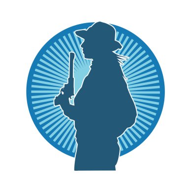 Kovboy kostümü giymiş bir kadın modelin silueti. Silah taşıyan bir kovboy kız silueti..