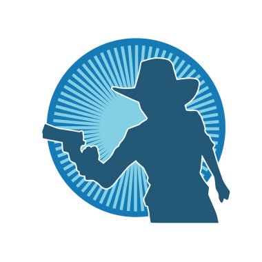 Kovboy kostümü giymiş bir kadın modelin silueti. Silah taşıyan bir kovboy kız silueti..