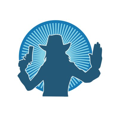 Kovboy kostümü giymiş bir kadın modelin silueti. Silah taşıyan bir kovboy kız silueti..