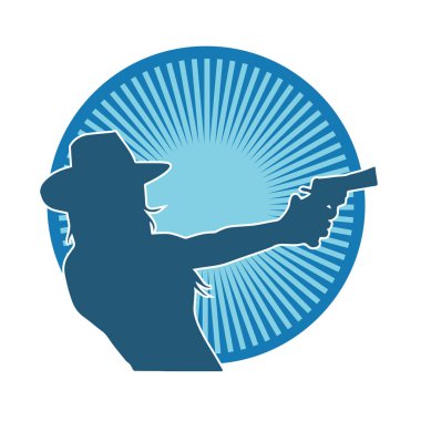 Kovboy kostümü giymiş bir kadın modelin silueti. Silah taşıyan bir kovboy kız silueti..