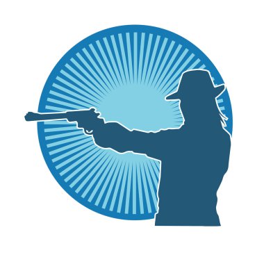 Kovboy kostümü giymiş bir kadın modelin silueti. Silah taşıyan bir kovboy kız silueti..