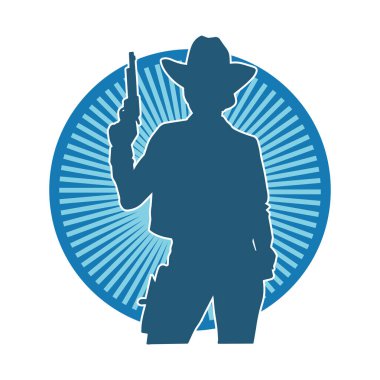 Kovboy kostümü giymiş bir kadın modelin silueti. Silah taşıyan bir kovboy kız silueti..