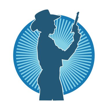 Kovboy kostümü giymiş bir kadın modelin silueti. Silah taşıyan bir kovboy kız silueti..