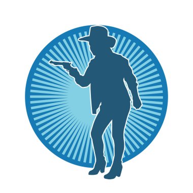 Kovboy kostümü giymiş bir kadın modelin silueti. Silah taşıyan bir kovboy kız silueti..