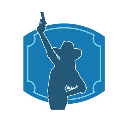 Kovboy kostümü giymiş bir kadın modelin silueti. Silah taşıyan bir kovboy kız silueti..