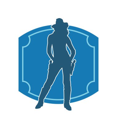 Kovboy kostümü giymiş bir kadın modelin silueti. Silah taşıyan bir kovboy kız silueti..