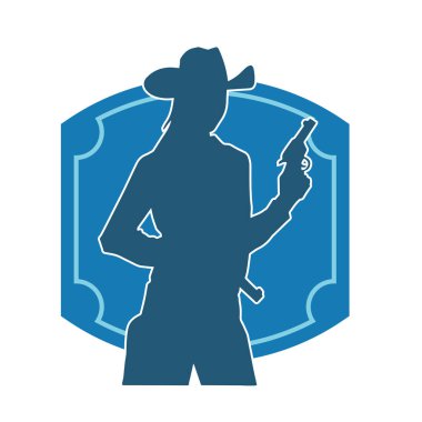 Kovboy kostümü giymiş bir kadın modelin silueti. Silah taşıyan bir kovboy kız silueti..