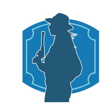 Kovboy kostümü giymiş bir kadın modelin silueti. Silah taşıyan bir kovboy kız silueti..