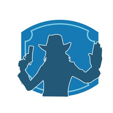 Kovboy kostümü giymiş bir kadın modelin silueti. Silah taşıyan bir kovboy kız silueti..