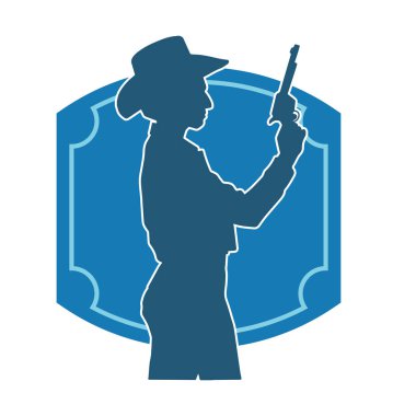 Kovboy kostümü giymiş bir kadın modelin silueti. Silah taşıyan bir kovboy kız silueti..