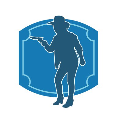 Kovboy kostümü giymiş bir kadın modelin silueti. Silah taşıyan bir kovboy kız silueti..