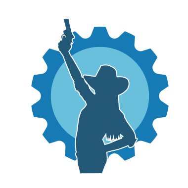 Kovboy kostümü giymiş bir kadın modelin silueti. Silah taşıyan bir kovboy kız silueti..