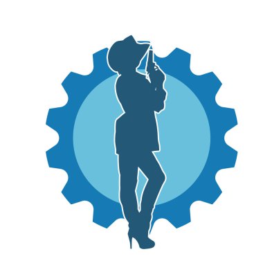 Kovboy kostümü giymiş bir kadın modelin silueti. Silah taşıyan bir kovboy kız silueti..