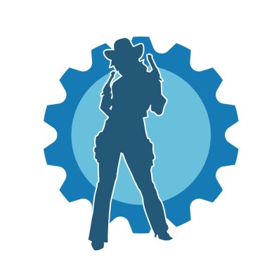 Kovboy kostümü giymiş bir kadın modelin silueti. Silah taşıyan bir kovboy kız silueti..