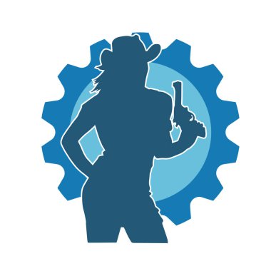 Kovboy kostümü giymiş bir kadın modelin silueti. Silah taşıyan bir kovboy kız silueti..