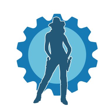 Kovboy kostümü giymiş bir kadın modelin silueti. Silah taşıyan bir kovboy kız silueti..