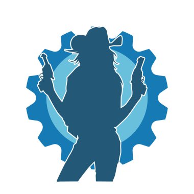 Kovboy kostümü giymiş bir kadın modelin silueti. Silah taşıyan bir kovboy kız silueti..