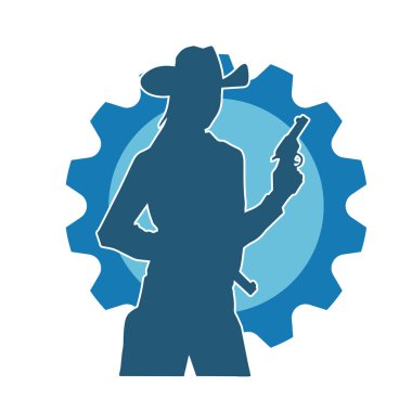 Kovboy kostümü giymiş bir kadın modelin silueti. Silah taşıyan bir kovboy kız silueti..