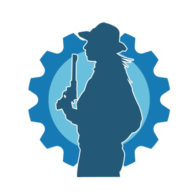 Kovboy kostümü giymiş bir kadın modelin silueti. Silah taşıyan bir kovboy kız silueti..