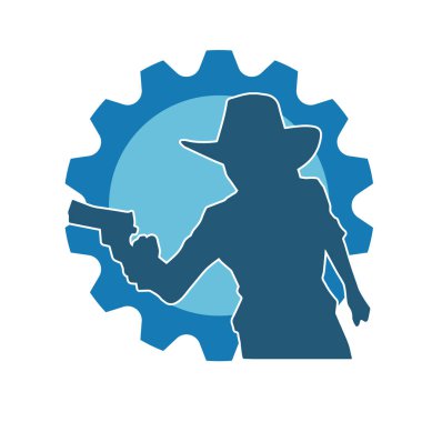 Kovboy kostümü giymiş bir kadın modelin silueti. Silah taşıyan bir kovboy kız silueti..