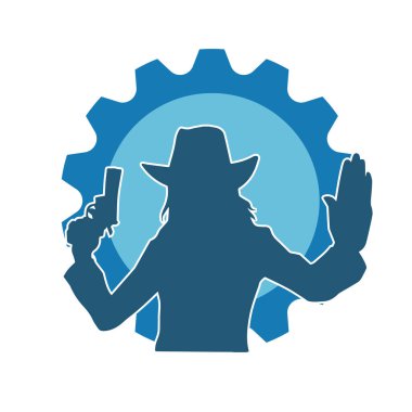 Kovboy kostümü giymiş bir kadın modelin silueti. Silah taşıyan bir kovboy kız silueti..