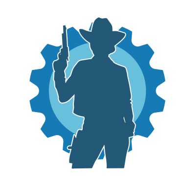 Kovboy kostümü giymiş bir kadın modelin silueti. Silah taşıyan bir kovboy kız silueti..