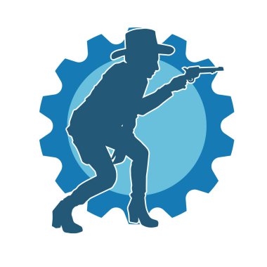 Kovboy kostümü giymiş bir kadın modelin silueti. Silah taşıyan bir kovboy kız silueti..