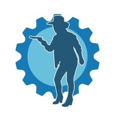 Kovboy kostümü giymiş bir kadın modelin silueti. Silah taşıyan bir kovboy kız silueti..