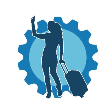 Sıska, modaya uygun bir kadın modelin silueti, yürürken ve el sallarken seyahat valizleri taşıyor.