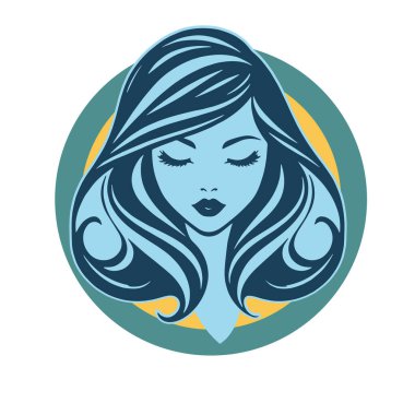 Çağdaş Salon Logoları 'na uygun cesur dalgalı saç çizgileri olan kadın portresi. Romantik Dalgalı Saçlı Bir Kadının Tek Renkli Çizimi, Retro Güzellik Markaları İçin Harika.