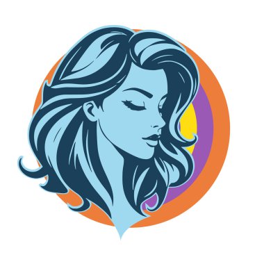 Çağdaş Salon Logoları 'na uygun cesur dalgalı saç çizgileri olan kadın portresi. Romantik Dalgalı Saçlı Bir Kadının Tek Renkli Çizimi, Retro Güzellik Markaları İçin Harika.