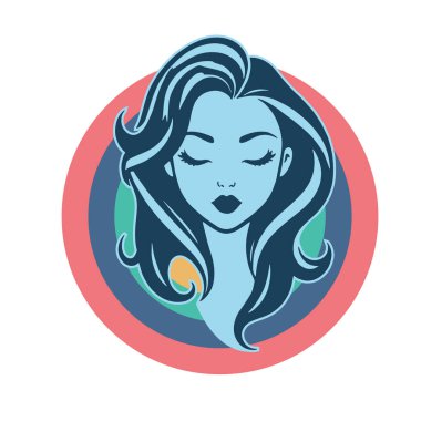 Çağdaş Salon Logoları 'na uygun cesur dalgalı saç çizgileri olan kadın portresi. Romantik Dalgalı Saçlı Bir Kadının Tek Renkli Çizimi, Retro Güzellik Markaları İçin Harika.