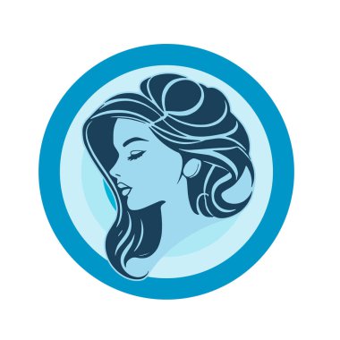 Çağdaş Salon Logoları 'na uygun cesur dalgalı saç çizgileri olan kadın portresi. Romantik Dalgalı Saçlı Bir Kadının Tek Renkli Çizimi, Retro Güzellik Markaları İçin Harika.