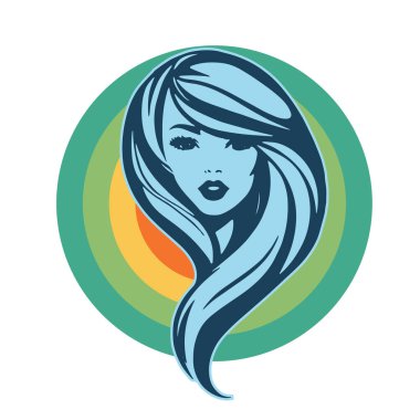 Çağdaş Salon Logoları 'na uygun cesur dalgalı saç çizgileri olan kadın portresi. Romantik Dalgalı Saçlı Bir Kadının Tek Renkli Çizimi, Retro Güzellik Markaları İçin Harika.