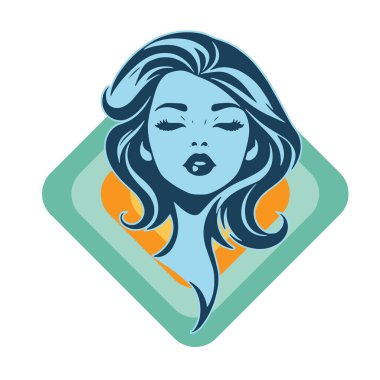 Çağdaş Salon Logoları 'na uygun cesur dalgalı saç çizgileri olan kadın portresi. Romantik Dalgalı Saçlı Bir Kadının Tek Renkli Çizimi, Retro Güzellik Markaları İçin Harika.