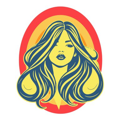 Çağdaş Salon Logoları 'na uygun cesur dalgalı saç çizgileri olan kadın portresi. Romantik Dalgalı Saçlı Bir Kadının Tek Renkli Çizimi, Retro Güzellik Markaları İçin Harika.