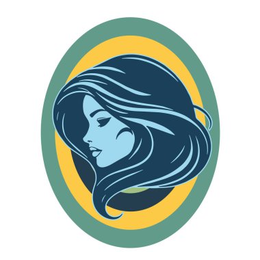 Çağdaş Salon Logoları 'na uygun cesur dalgalı saç çizgileri olan kadın portresi. Romantik Dalgalı Saçlı Bir Kadının Tek Renkli Çizimi, Retro Güzellik Markaları İçin Harika.