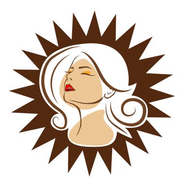 Saç ve güzellikle ilgili logo ya da ilgili herhangi bir grafik amaç için süs rozeti şekilli kadın profili çizimi.