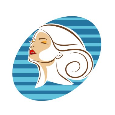 Saç ve güzellikle ilgili logo ya da ilgili herhangi bir grafik amaç için süs rozeti şekilli kadın profili çizimi.