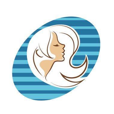 Saç ve güzellikle ilgili logo ya da ilgili herhangi bir grafik amaç için süs rozeti şekilli kadın profili çizimi.