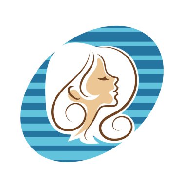 Saç ve güzellikle ilgili logo ya da ilgili herhangi bir grafik amaç için süs rozeti şekilli kadın profili çizimi.