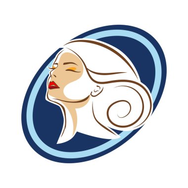 Saç ve güzellikle ilgili logo ya da ilgili herhangi bir grafik amaç için süs rozeti şekilli kadın profili çizimi.