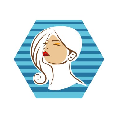 Saç ve güzellikle ilgili logo ya da ilgili herhangi bir grafik amaç için süs rozeti şekilli kadın profili çizimi.
