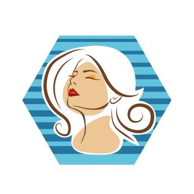 Saç ve güzellikle ilgili logo ya da ilgili herhangi bir grafik amaç için süs rozeti şekilli kadın profili çizimi.