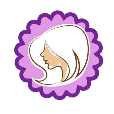 Saç ve güzellikle ilgili logo ya da ilgili herhangi bir grafik amaç için süs rozeti şekilli kadın profili çizimi.