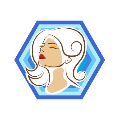 Saç ve güzellikle ilgili logo ya da ilgili herhangi bir grafik amaç için süs rozeti şekilli kadın profili çizimi.