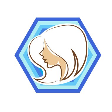Saç ve güzellikle ilgili logo ya da ilgili herhangi bir grafik amaç için süs rozeti şekilli kadın profili çizimi.