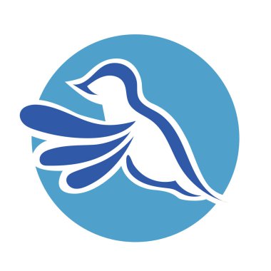 Rozet şeklindeki küçük kuşun çizgi çizimi. Logo için geometrik şekilli güvercin çizimi.